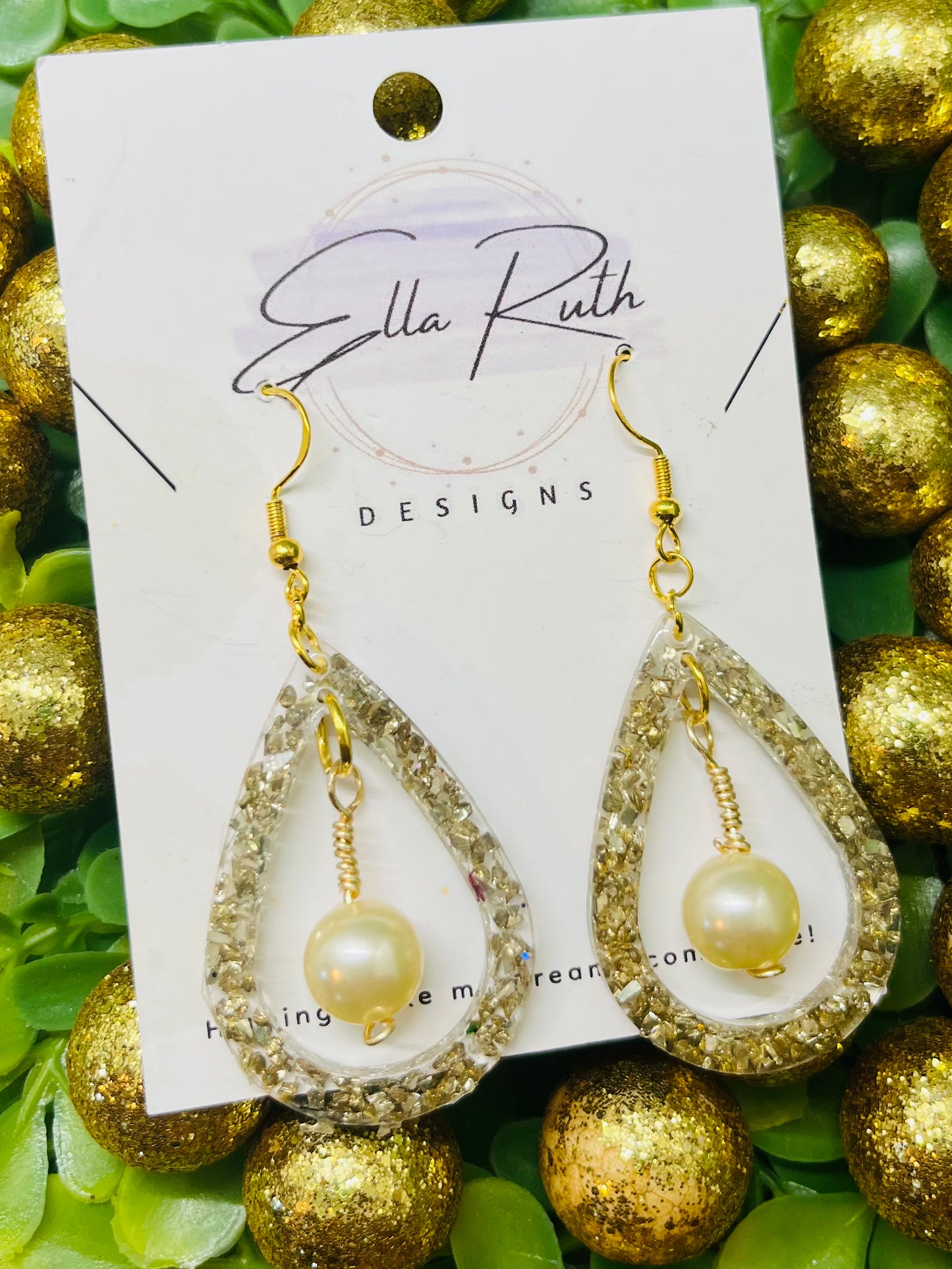 Golden Glass and Pearl Teardrop Earring