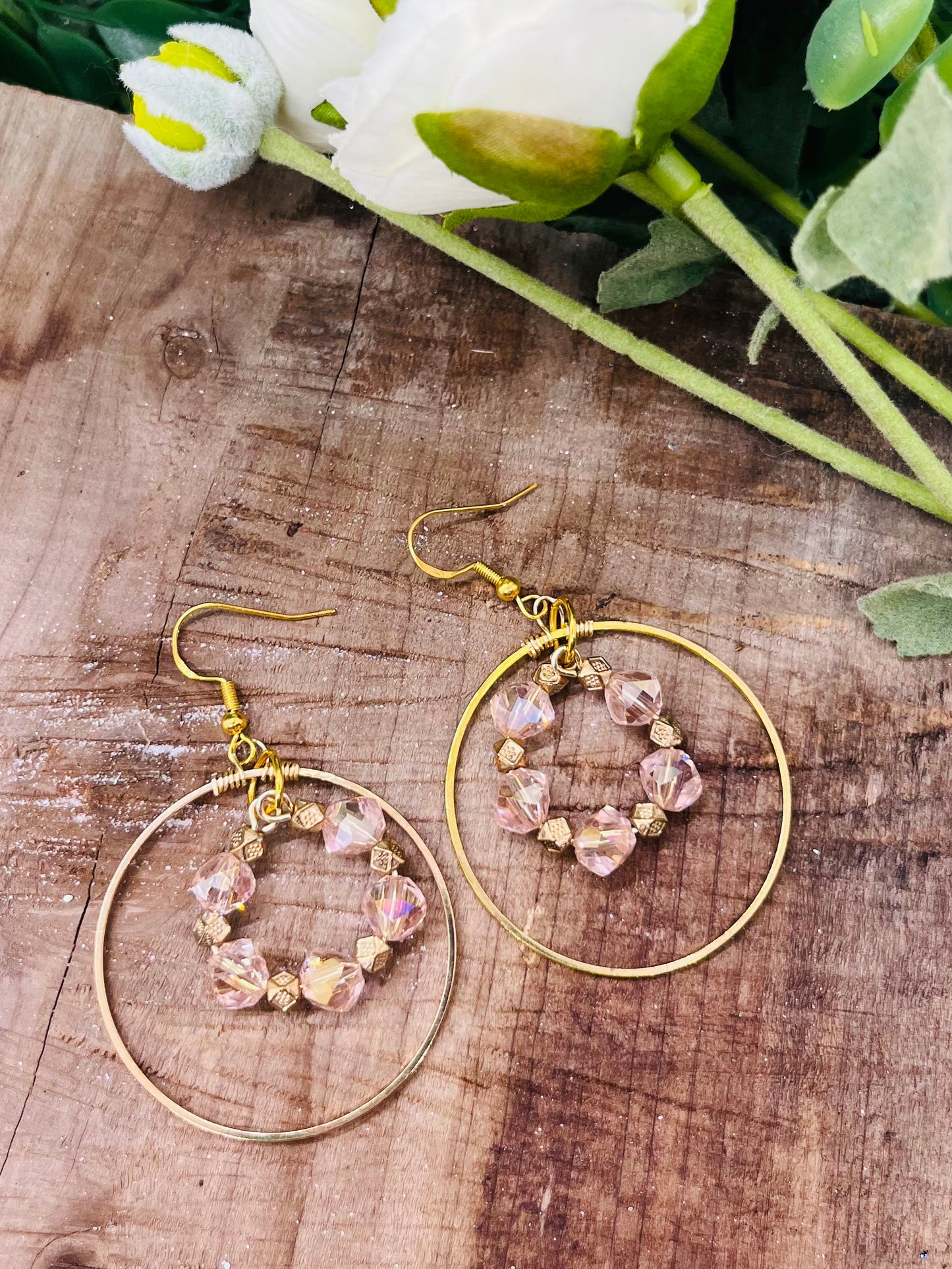 Golden Circle and Pink Beads Earring