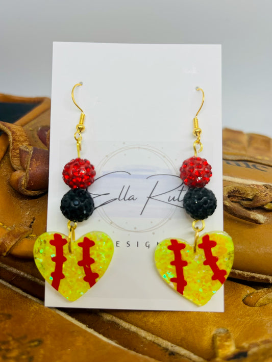 Hanging Heart Softball Earring