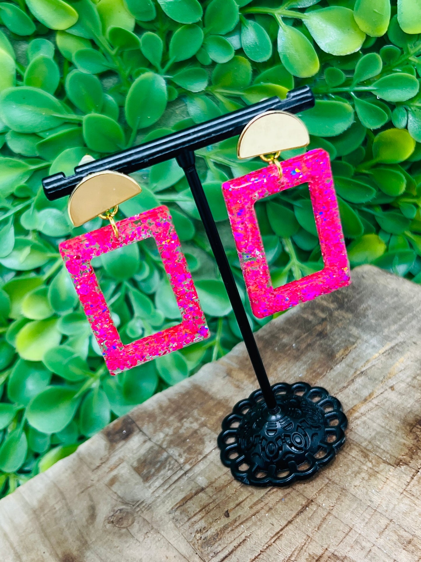 Square Pink Post Earring