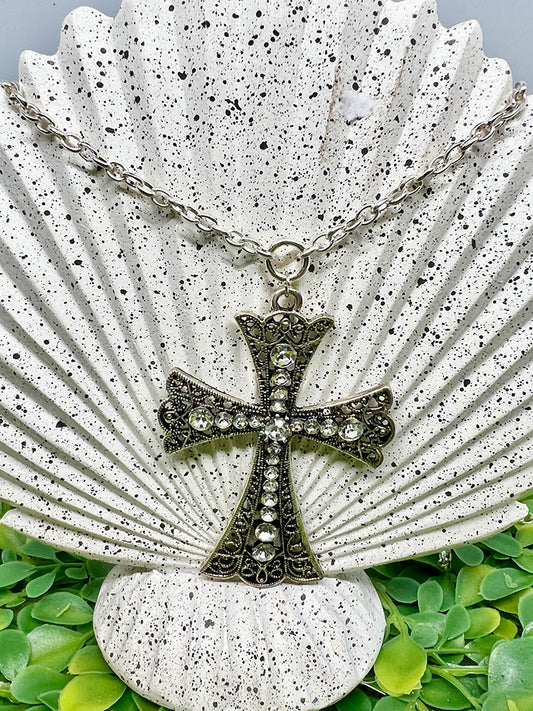 Silver Cross with Diamonds Necklace